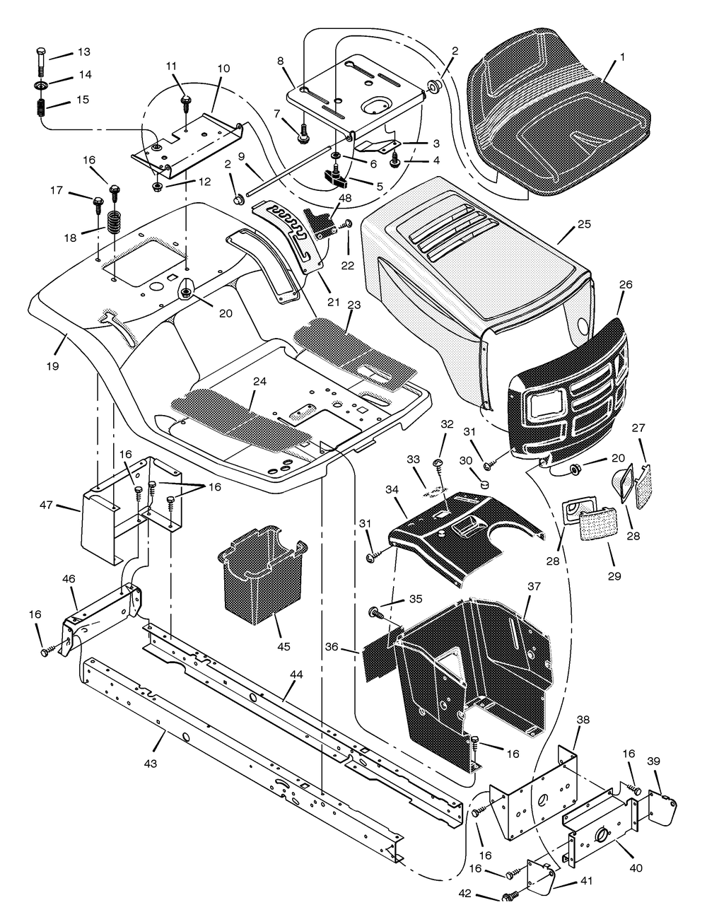 Chassis And Hood Diagram and Parts List for 405014X92A 2001 Briggs and Stratton Lawn Tractor